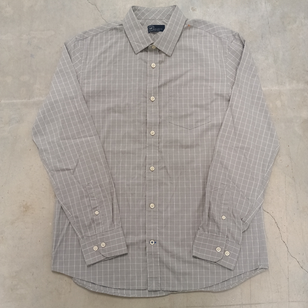 GAP Button Down Shirt Mens L Gray Black Check Plaid Long Sleeve Cotton Casual